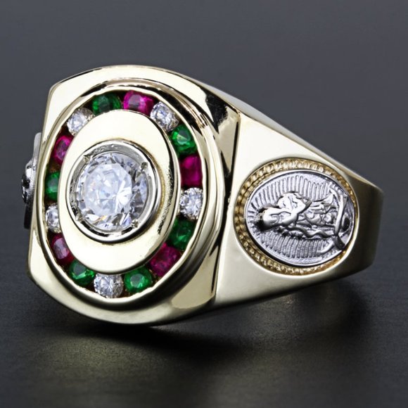 14k Two Tone Gold Religious Virgin Mary Cubic Zirconia + Gemstone Ring - Mexico